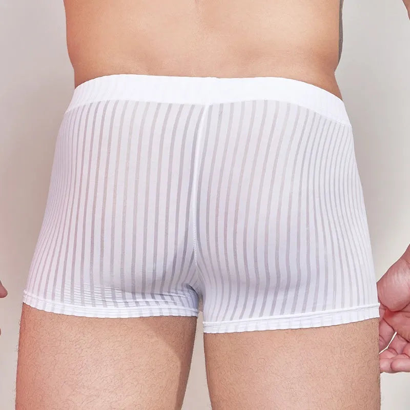 Men's striped underwear in thin nylon fabric, shown in black, white, and dark grey colours.