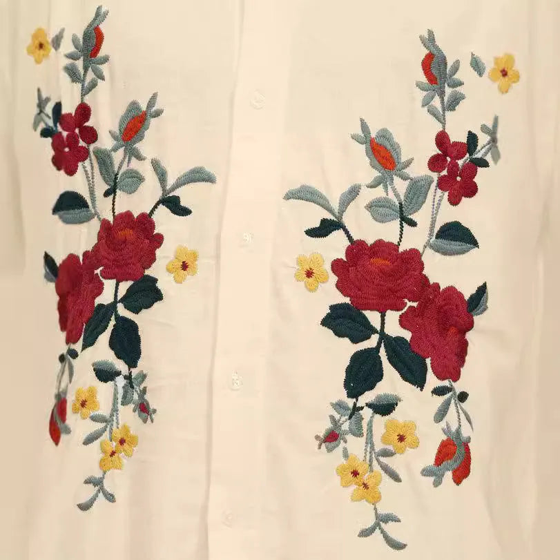 Men's apricot vintage floral print short sleeve shirt with loose fit and lapel collar