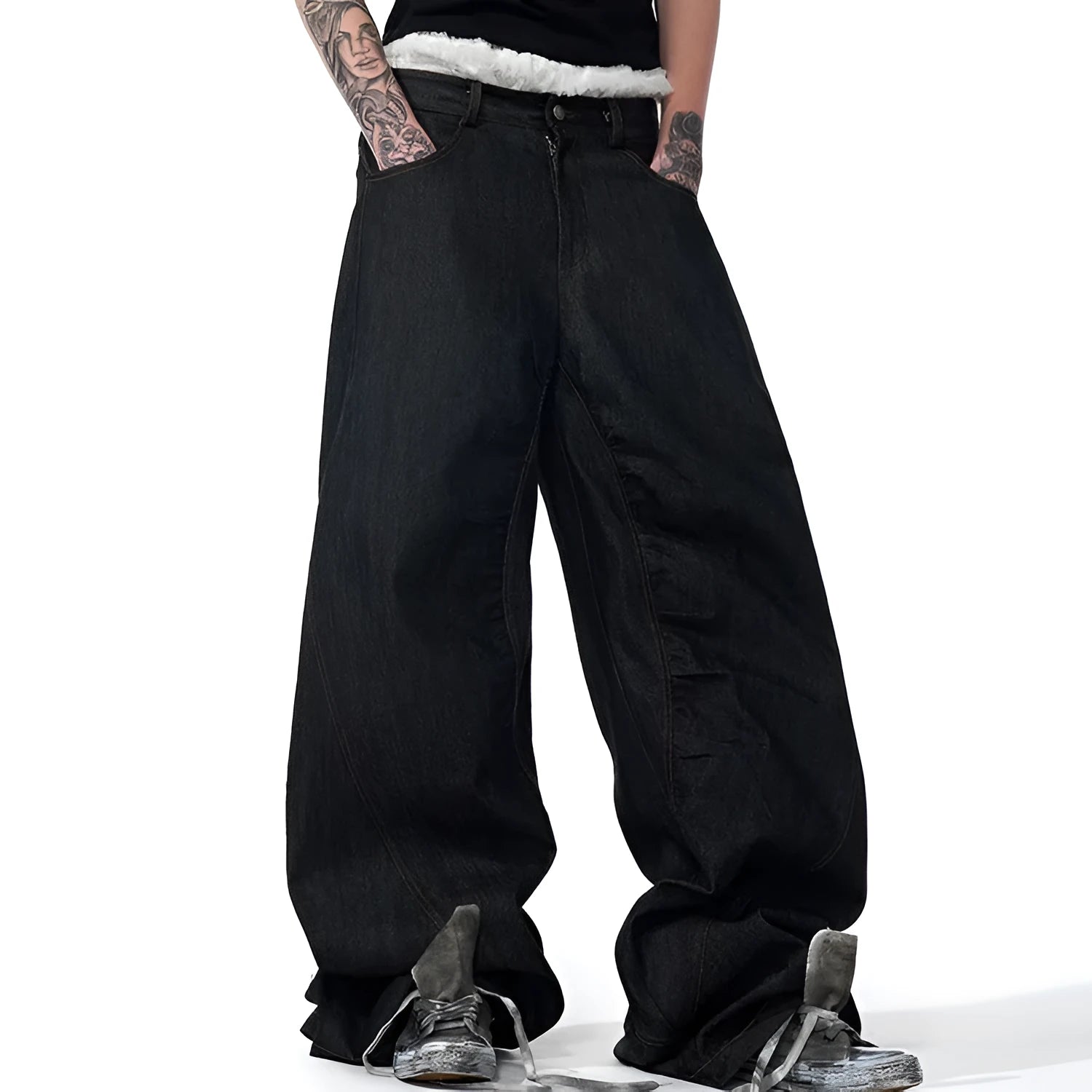 Black Korean wide leg jeans with temperature-sensitive red ear embroidery