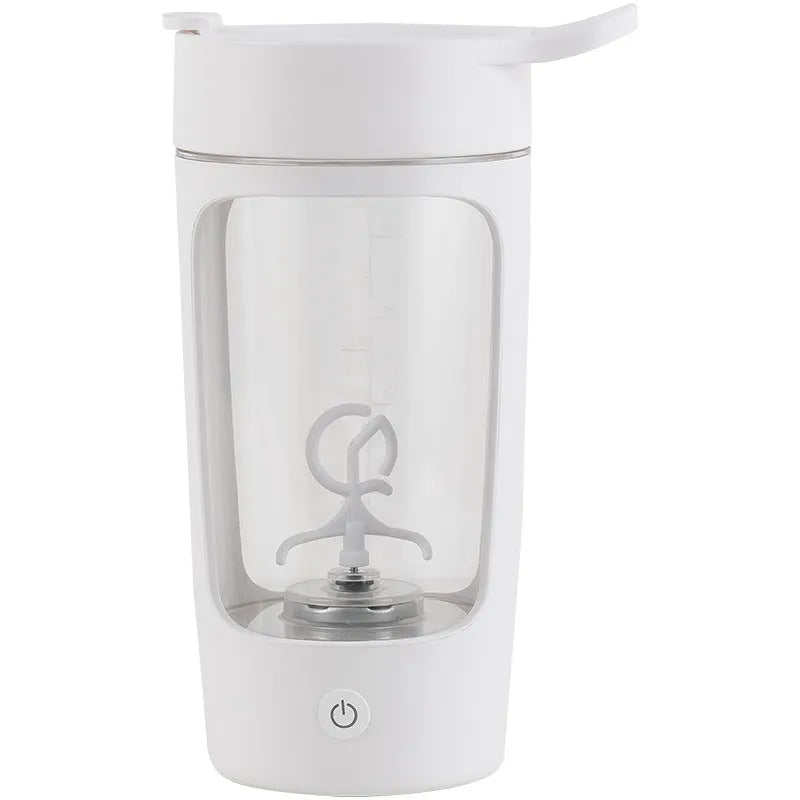Portable automatic mixing cup in choice of colours, showing 650ml capacity and USB charging port.