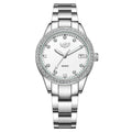 Silver fashion quartz watch with diamond markers on a 34mm stainless steel case and luminous hands.