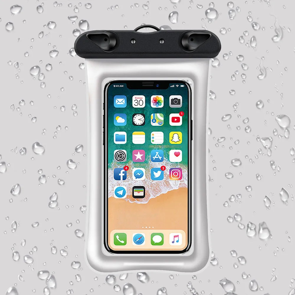 Clear double airbag waterproof phone pouch with orange lanyard on a blue background.