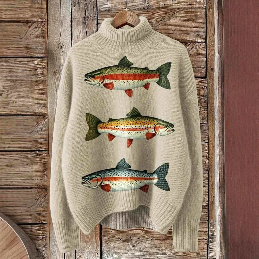 Women's loose-fit Christmas turtleneck sweater with a printed painting pattern in a macaron colour.