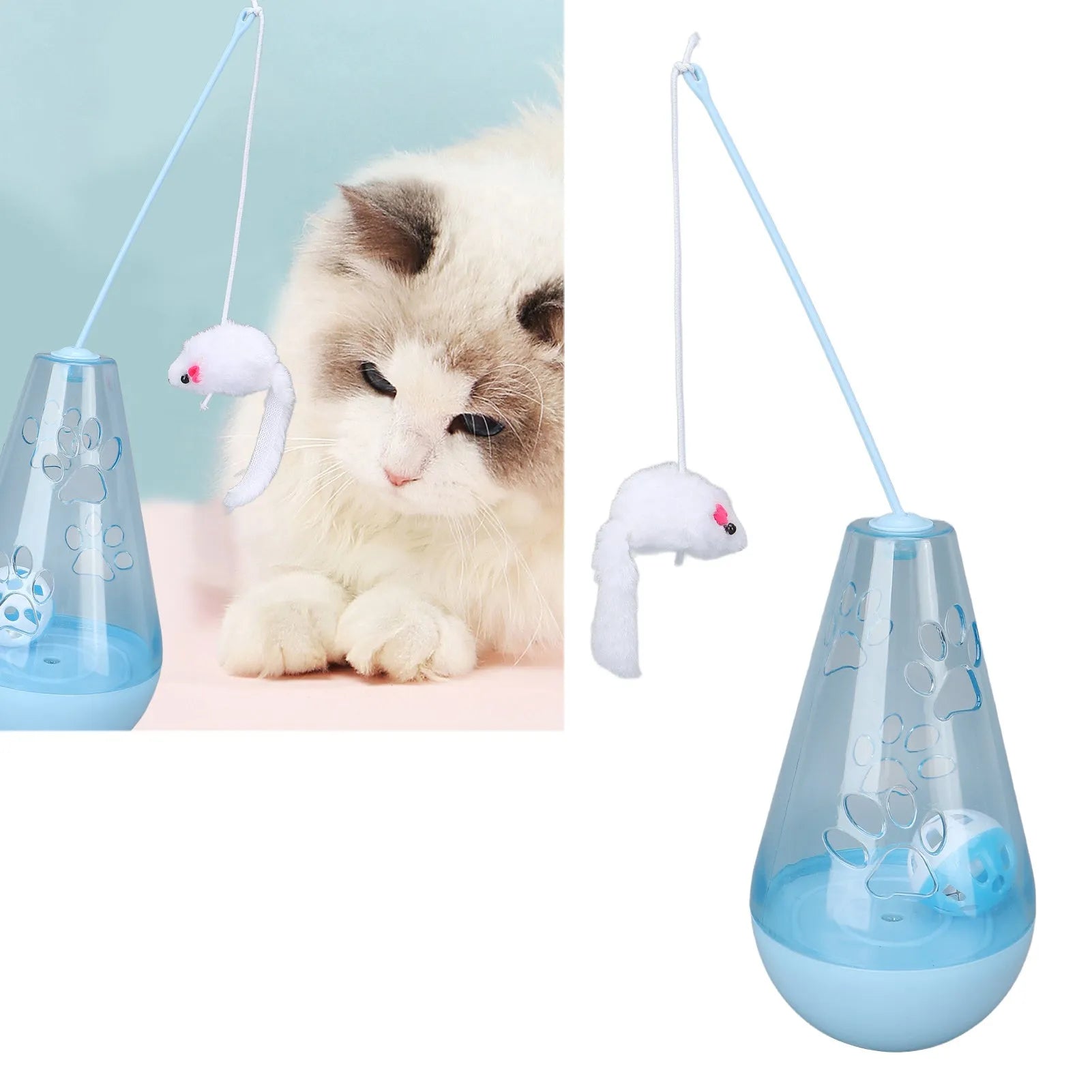 Blue and yellow cat toy with bell ball, plush mouse stick and snack dispenser