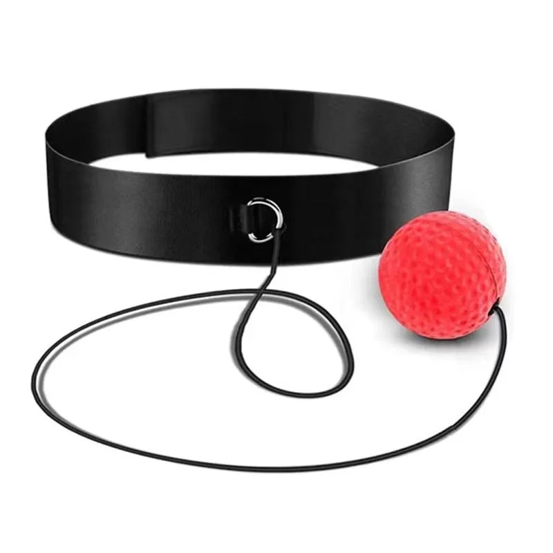 Head-mounted boxing reaction training ball set with PU balls, rubber ball and two headbands on a neutral background.