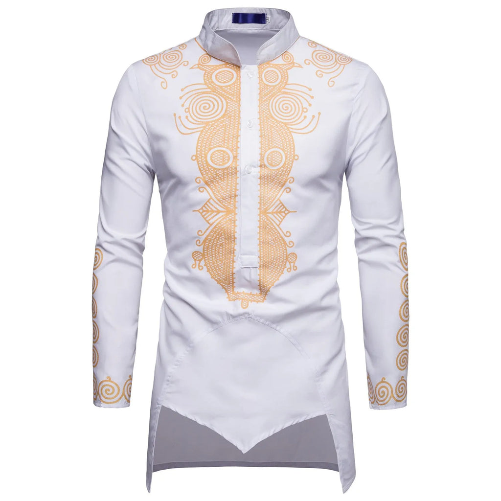 Men's African print long pullover hoodie in white with bronzing pattern, stand-up collar, and long sleeves