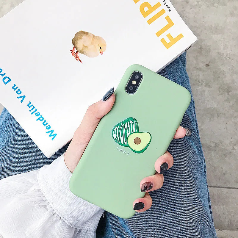 A flexible TPU phone case with a colourful painted cartoon avocado design on the back.