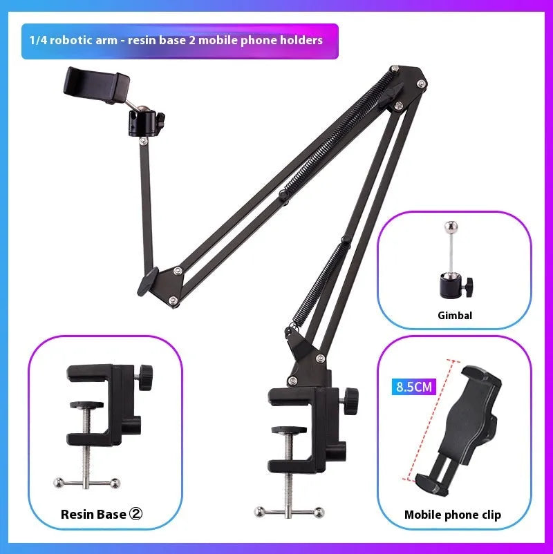 Black desktop tablet cantilever bracket with foldable metal construction and tablet clip