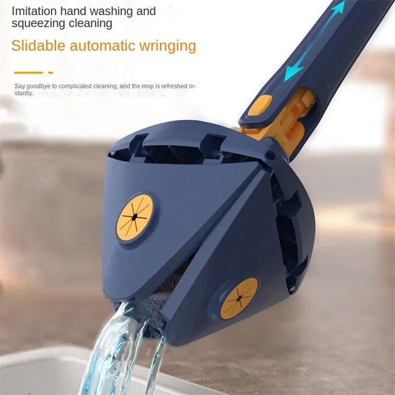Blue and white extendable triangle cleaning mop with a rotating head on a long stainless steel pole.