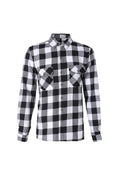 Men's long-sleeved black and white checked shirt with lapel collar and double chest pockets, front view.