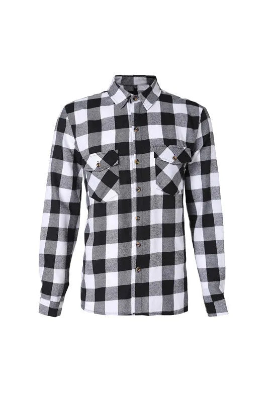 Men's long-sleeved black and white checked shirt with lapel collar and double chest pockets, front view.