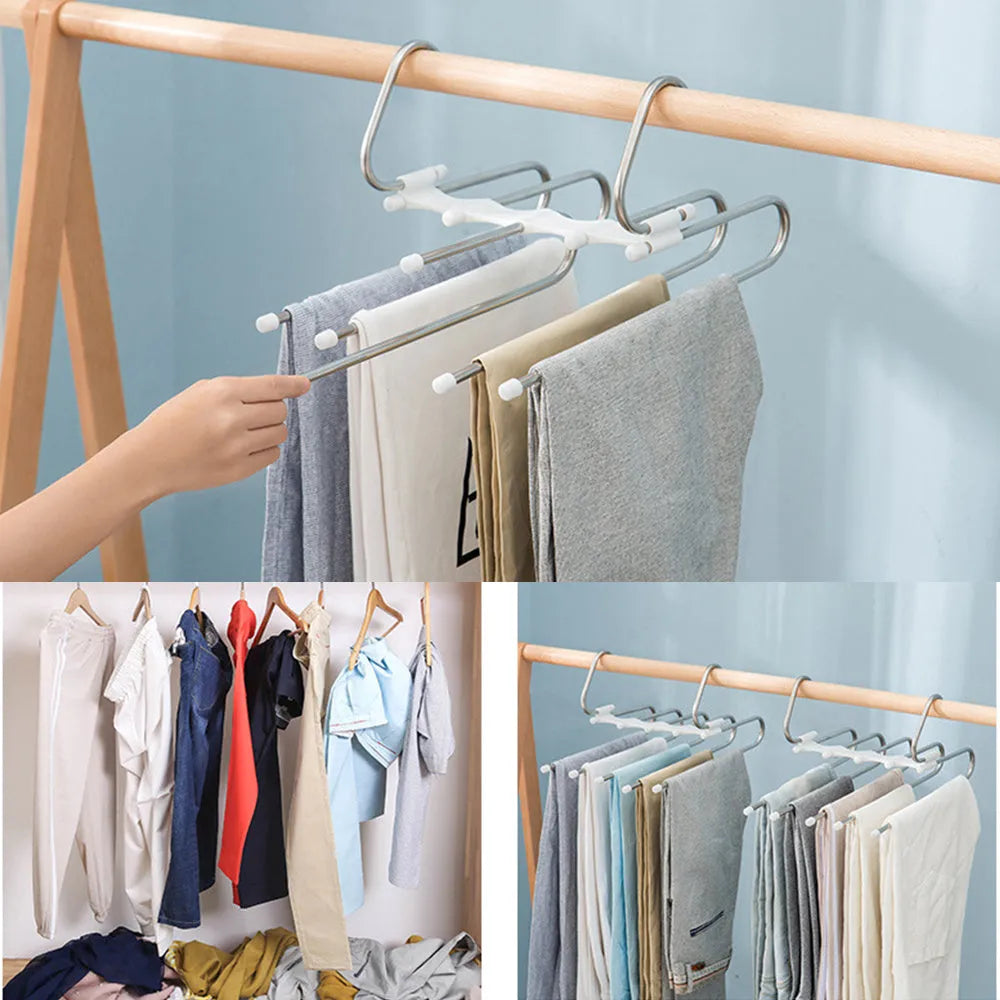 Black stainless steel wardrobe hanger with five booms for trousers organisation