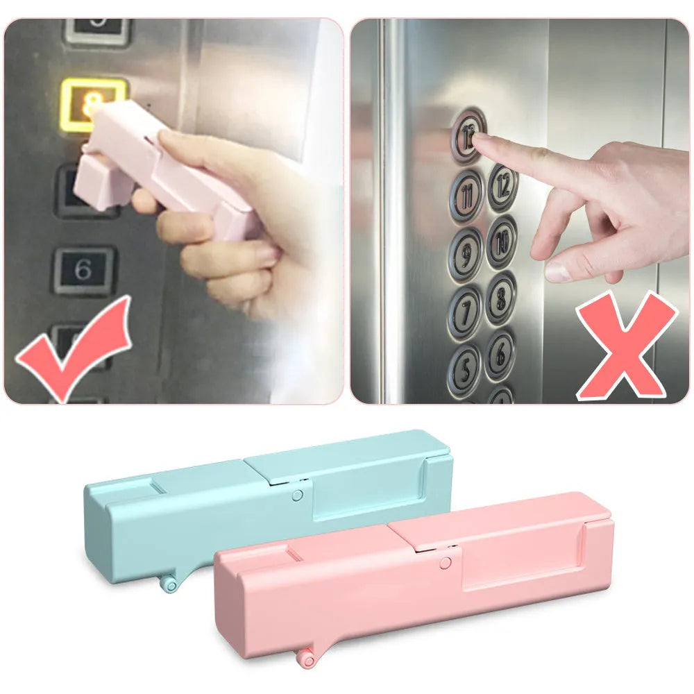 Plastic door opening tool for avoiding contact with public surfaces, 11.5cm long, blue and pink colours