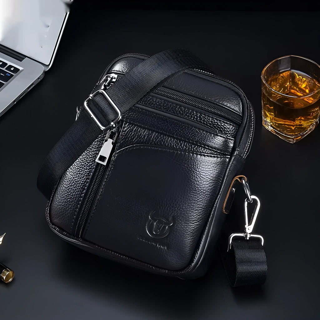 Black genuine leather men's shoulder messenger bag with retro style for business and travel