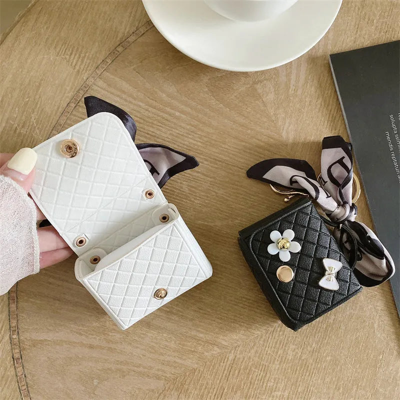 Simulated leather earphone bag for AirPods Universal in pink silk scarf design with soft shell finish