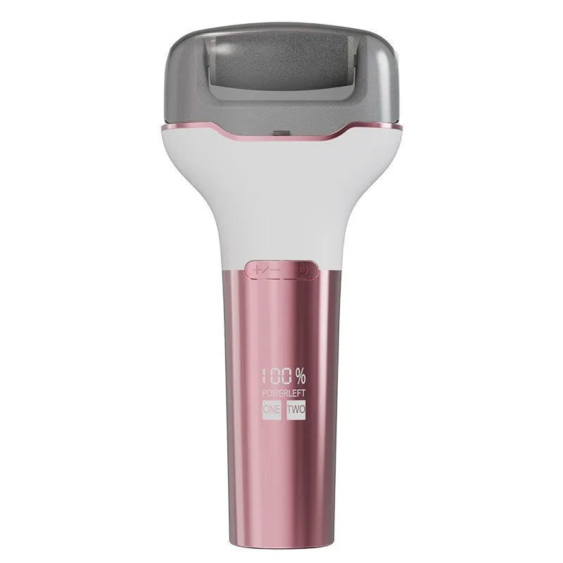 Electric foot grinder with digital display and waterproof body, 173x80x30mm, Rose Pink or Dark Blue, USB powered.