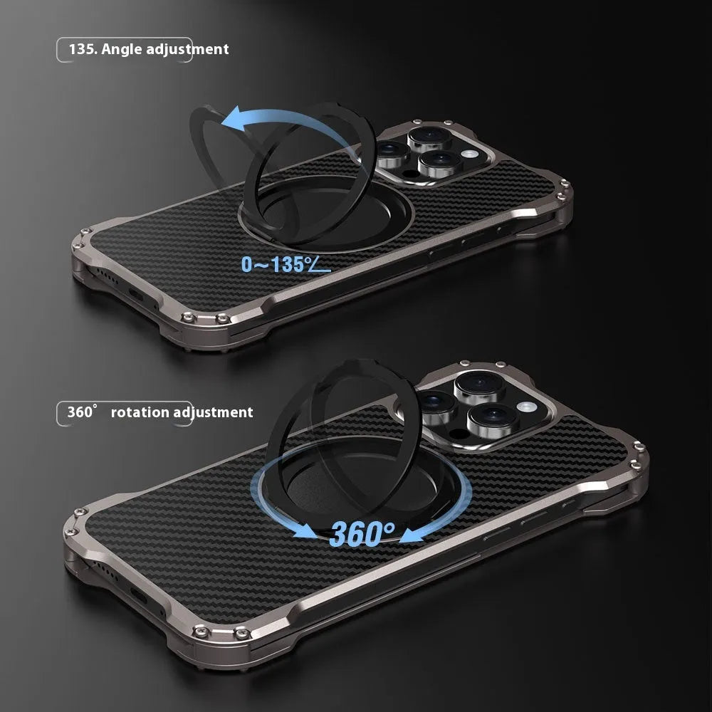 Dark gray metal carbon fibre rotating bracket phone case for Apple iPhone 15 Pro Max with anti-fall and anti-fingerprint properties