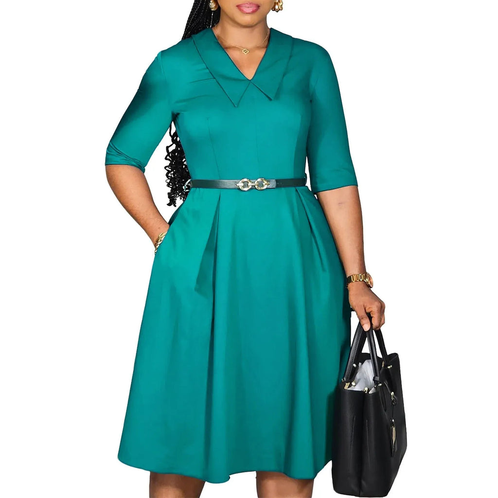 Half sleeve African dress with high waist, solid colour polyester, includes matching belt, sizes S to XXXL