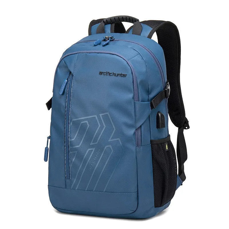 18-inch casual computer backpack in plaid pattern with curved shoulder strap