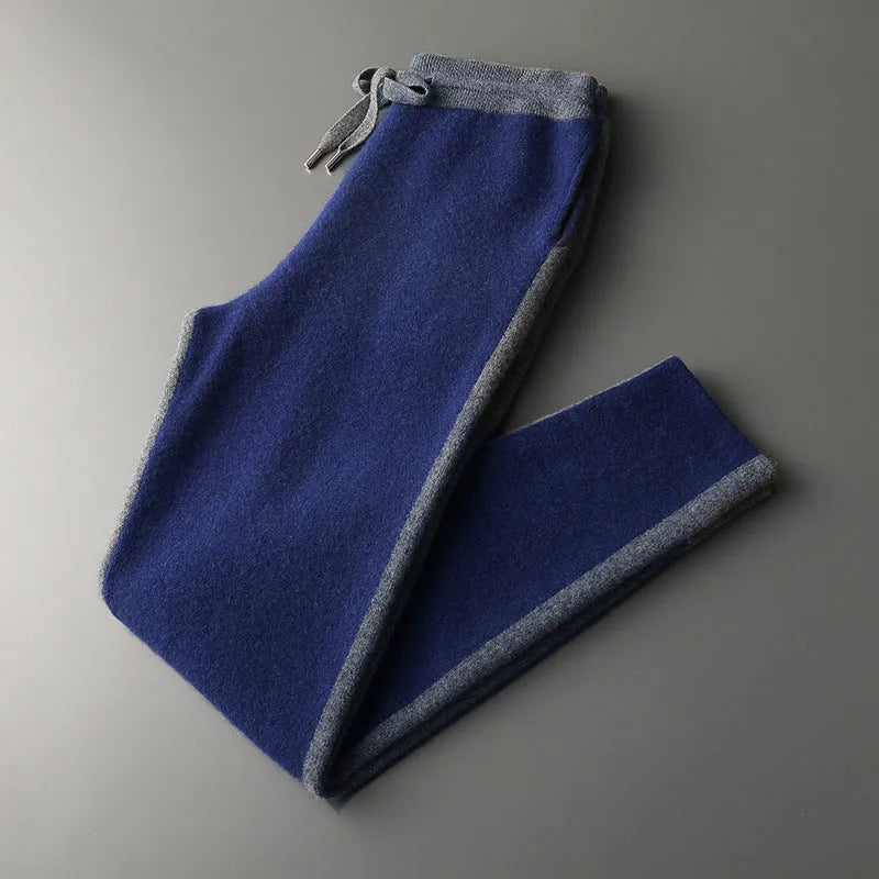 Men's navy blue cashmere blend sports cardigan suit with half turtleneck zipper and matching trousers