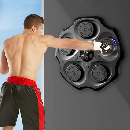 Black Bluetooth music boxing wall target hanging on a wall with included boxing gloves.
