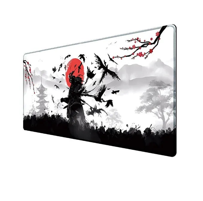 Japanese samurai pattern gaming mouse pad on desk with computer mouse