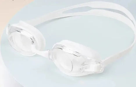 Black myopia swimming goggles with a protective case on a blue background.