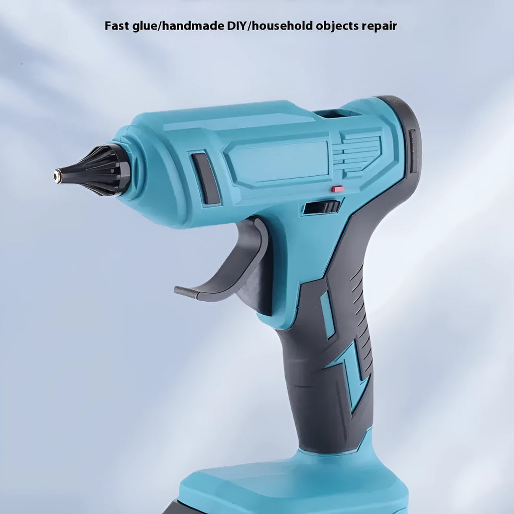 Cordless hot melt glue gun with two lithium batteries and pack of 11mm glue sticks