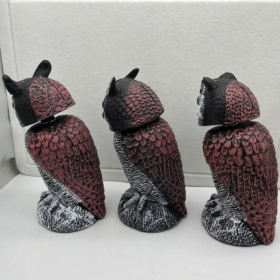 PE plastic artificial owl decoy with moving head, a bird scare ornament for outdoor use.