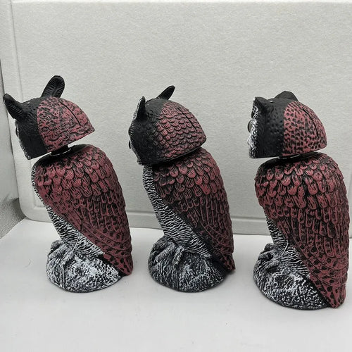 PE plastic artificial owl decoy with moving head, a bird scare ornament for outdoor use.