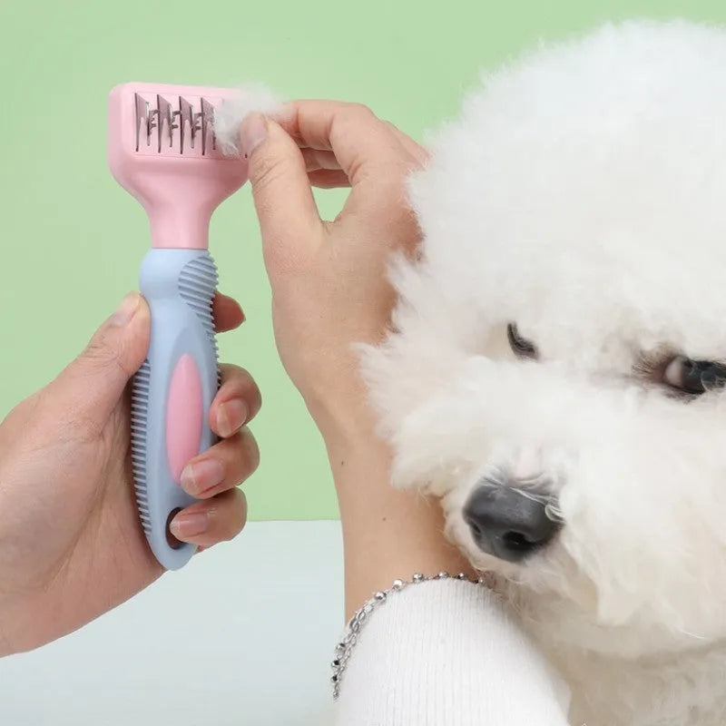 Pink and purple dog comb with stainless steel knot knife and massage brush for pet grooming