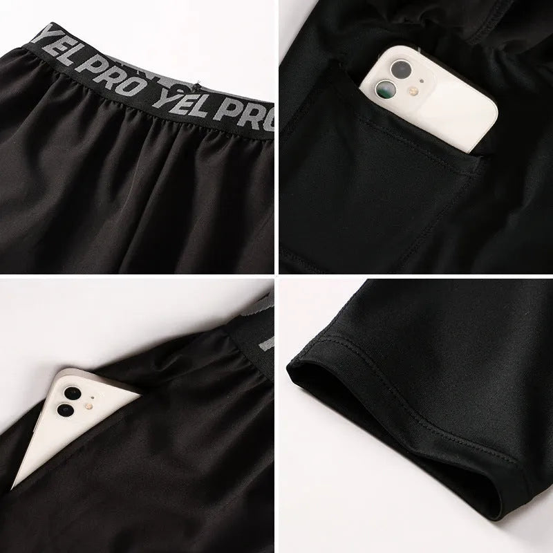 Men's tight sports pants in grey, black, dark blue, army green, and navy blue colours for fitness and running.