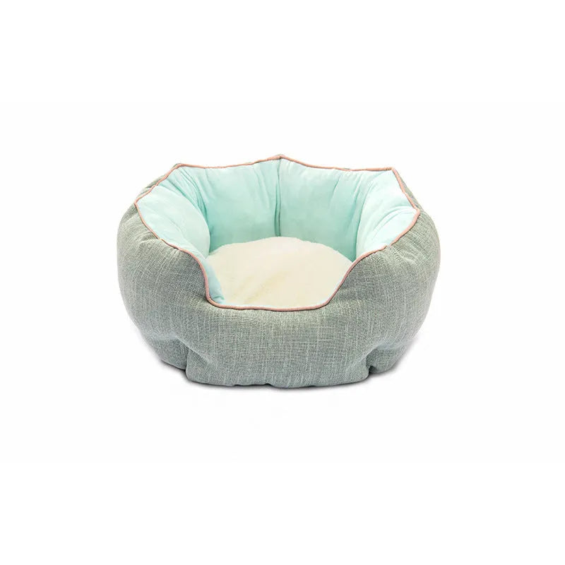 Octagonal pet bed with removable mats in blue colour with soft wool point design