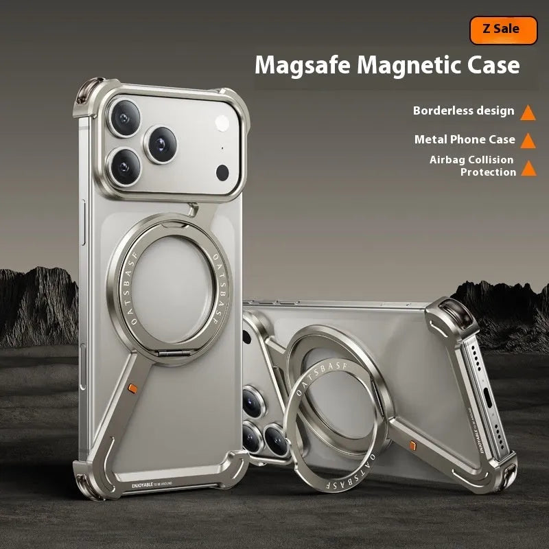 Black electroplated metal iPhone 17 Pro Max case showing integrated magnetic bracket on back