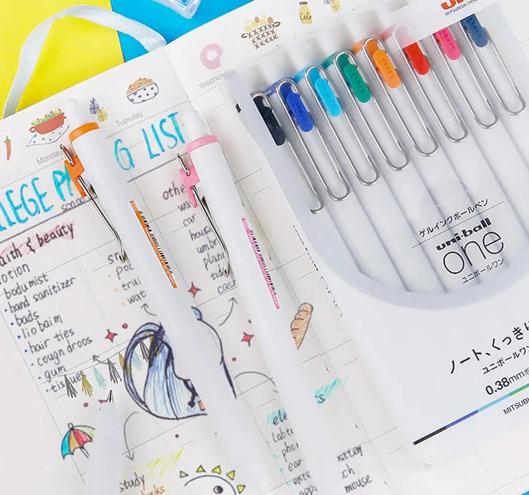 Set of 10 gel pens in assorted colours including black, blue, red blue-black and black rod with 0.38mm and 0.5mm tips, 140mm length