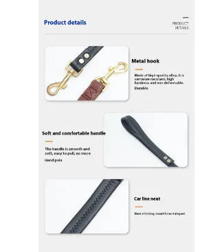 Black PU leather pet traction belt showing length and clip for dog walking