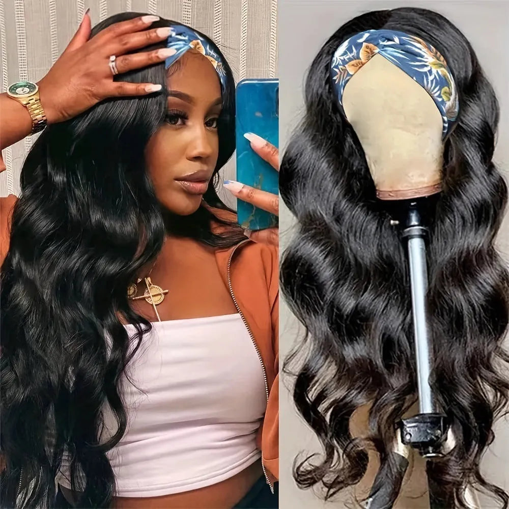 Headband wig with long high temperature fibre hair in black straight, curly, or wine red options