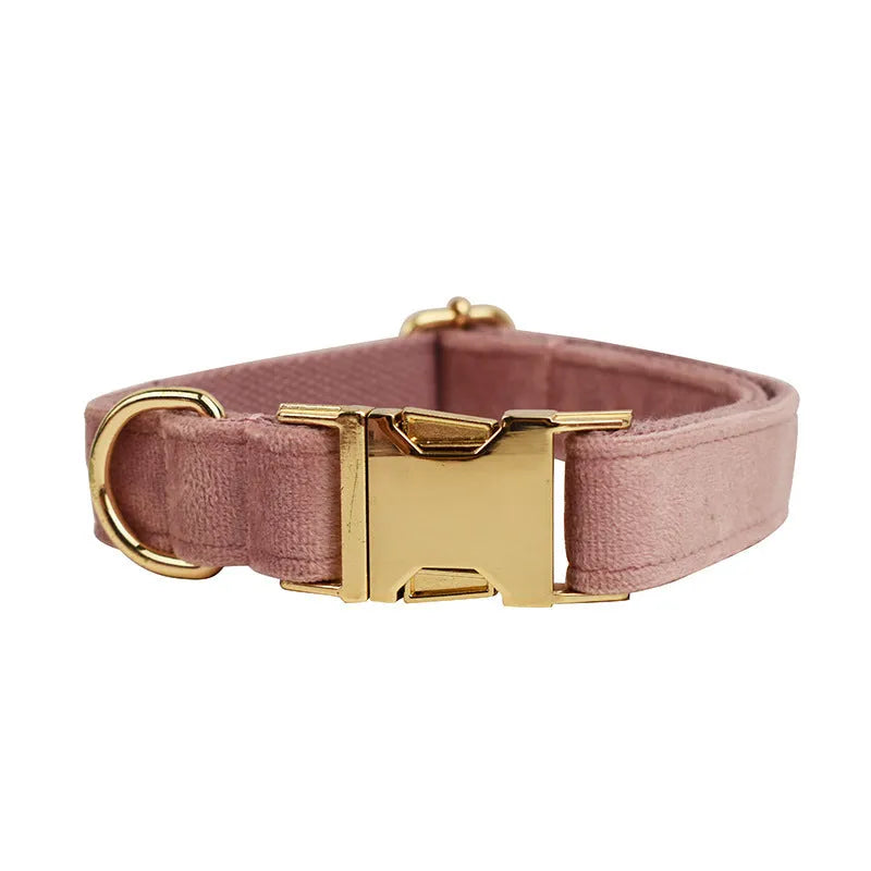 Light purple pink velvet dog collar with matching cloth accessories including leash and bow tie
