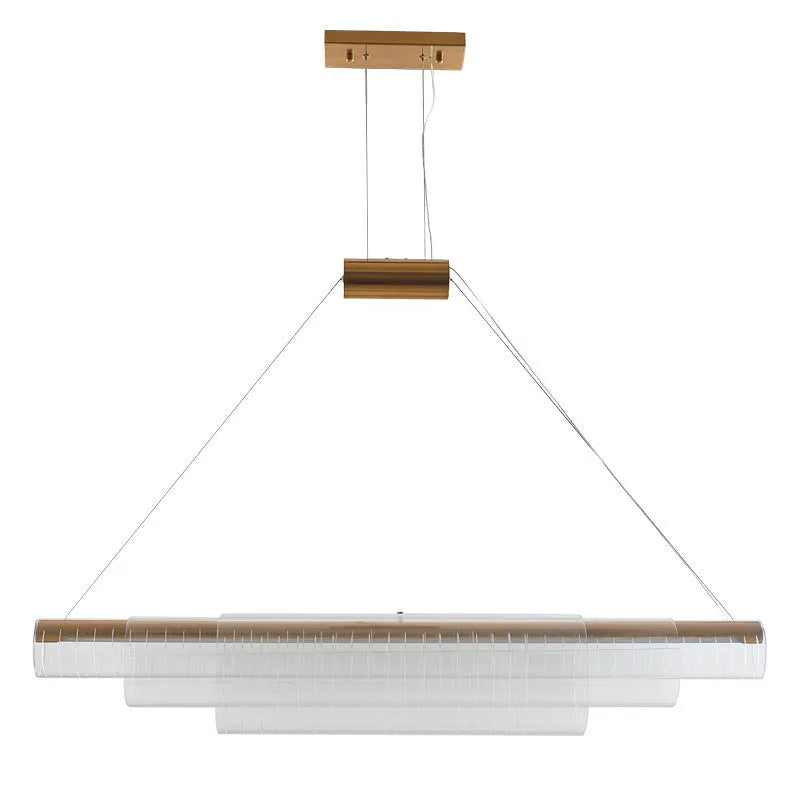 Modern clear glass pendant lamp with iron fittings hanging from a ceiling.