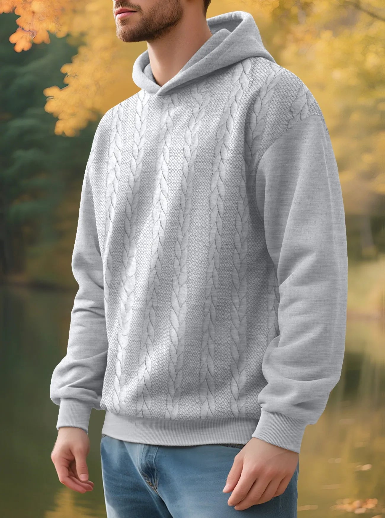 Men's casual thick jacquard hooded sweatshirt wool lined winter loose fit polyester