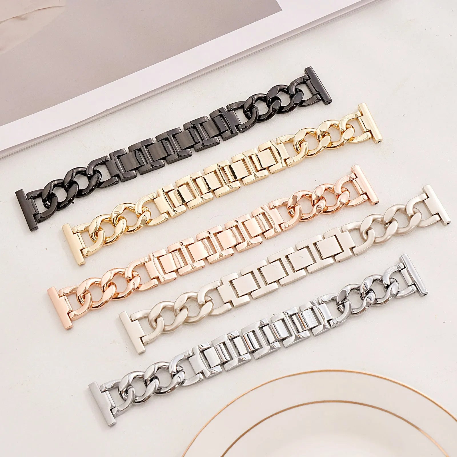 Denim chain metal watch strap for Apple Watch in silver, black, gold, rose gold, or Starlight colour.
