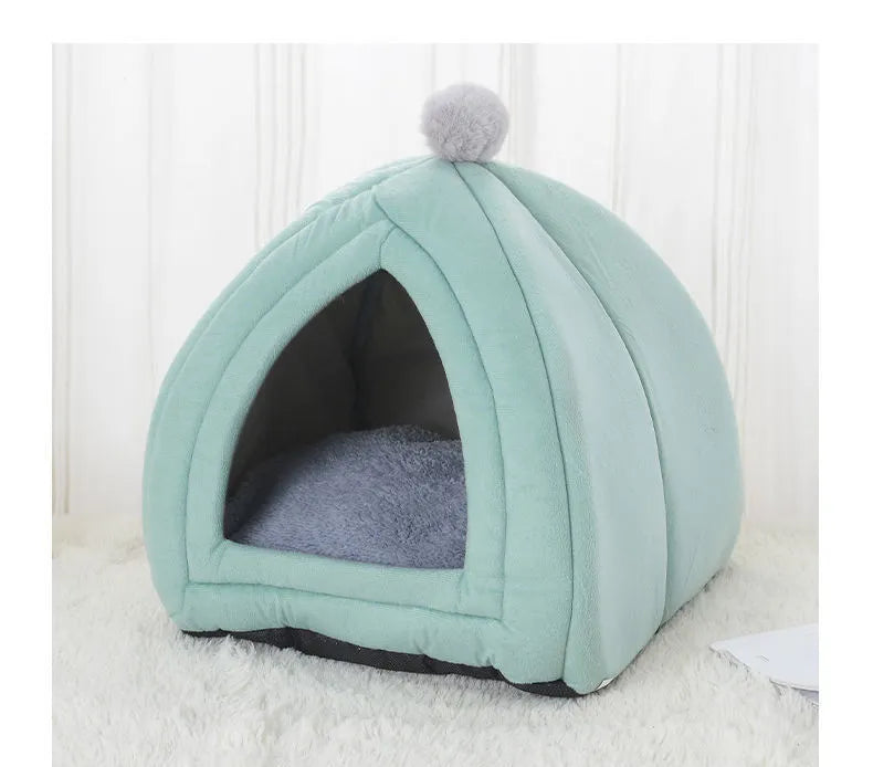 Gray cat bed pet house cave in size XL on a hardwood floor