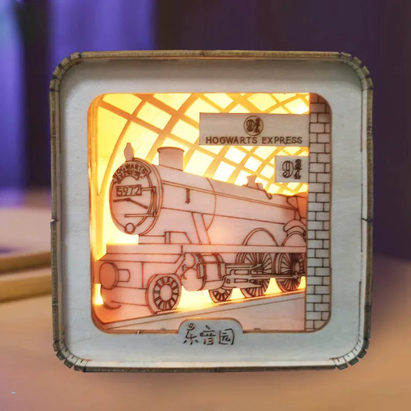 3D wooden puzzle night lamp assembled as a small ornament with train station design on a desk
