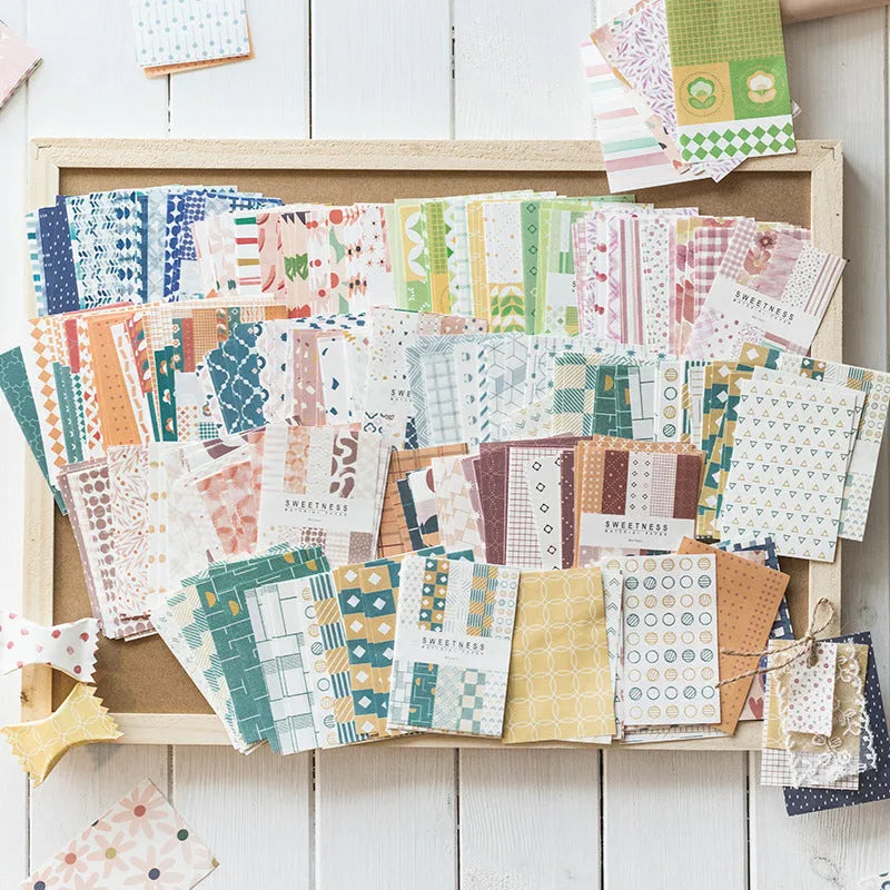 Pack of 50 retro collage note papers in ten dessert colours, each sheet sized 56mm by 83mm.