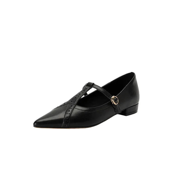 Women's brown pointed toe flat shoes with cowhide leather uppers and 3-5cm mid heel