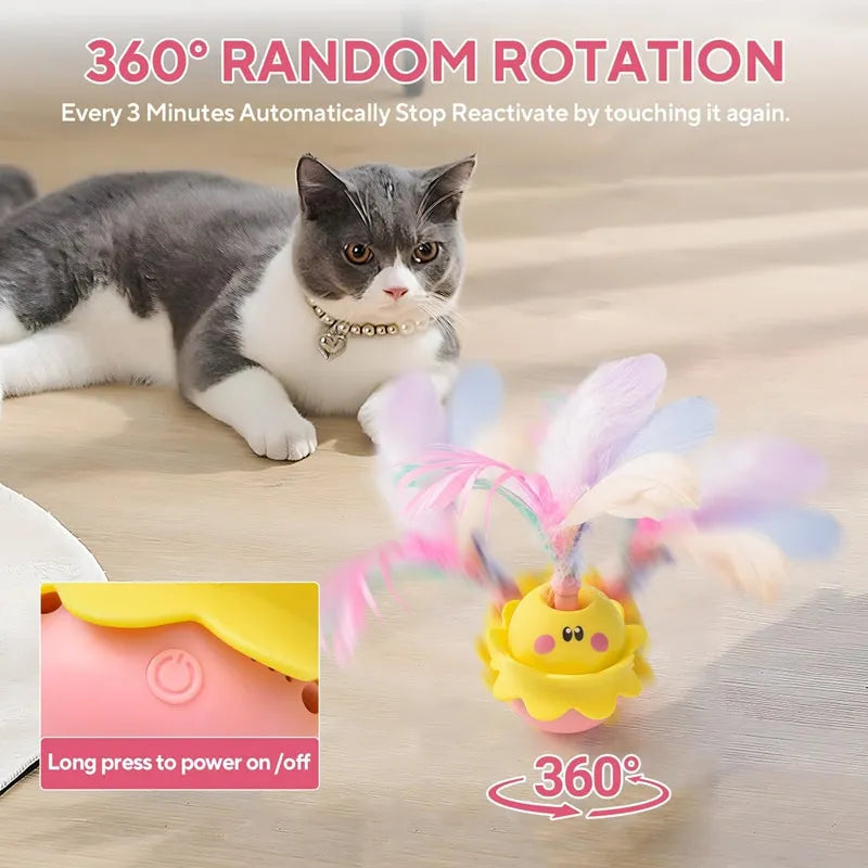 Pink interactive automatic cat feather toy with rotating LED lights and detachable feathers