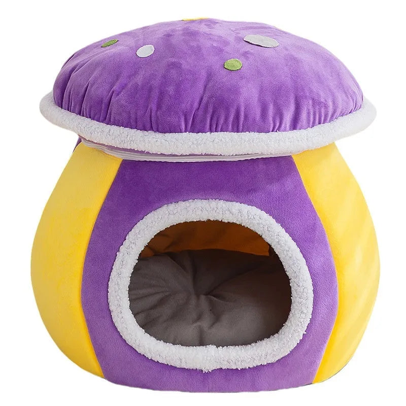 Grey mushroom-shaped plush cat bed with a detachable blanket inside, showing enclosed design.