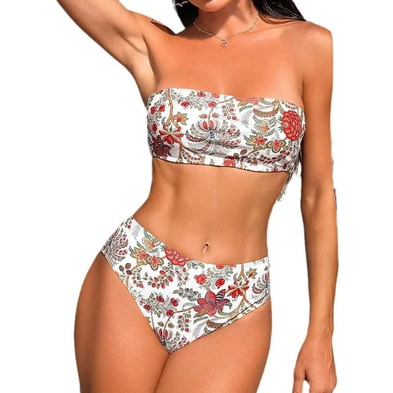Women's printed bandeau triangle bikini top with matching swim shorts on a mannequin