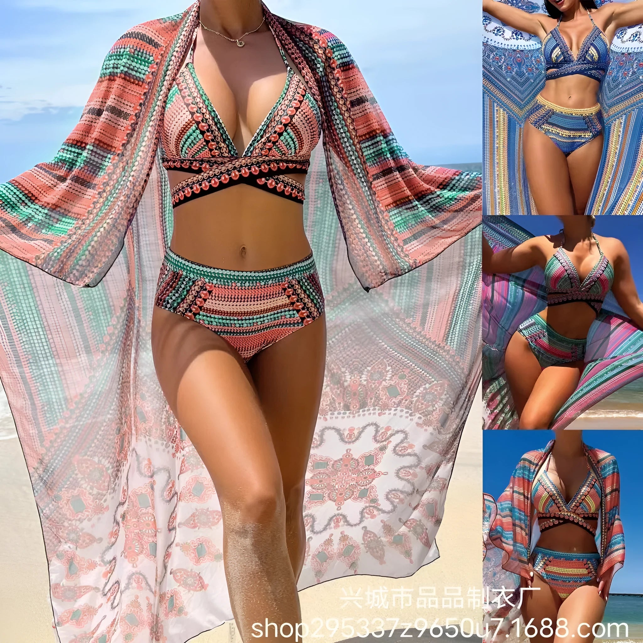 Women's retro ethnic swimsuit with split cross strap design in polyester bikini set