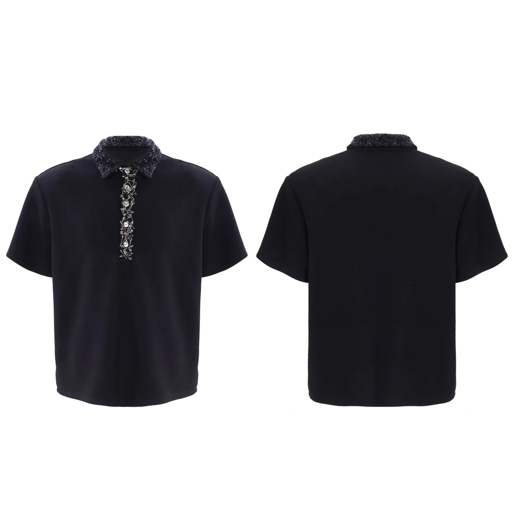 Loose-fit black men's polo t-shirt with a square collar and heavy sequin embroidery on the chest.
